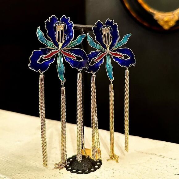 Iris Bloom Statement Earrings with Tassels - Picture 4 of 7